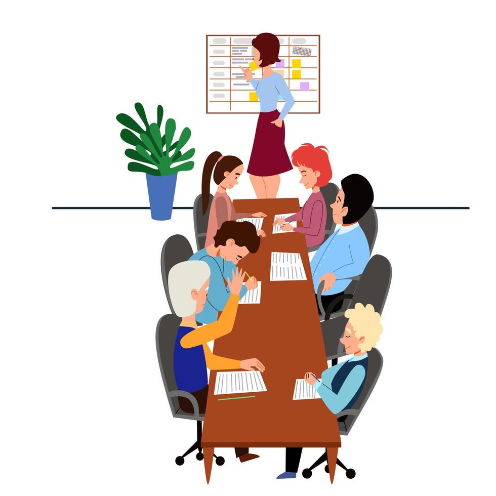 The concept of a working meeting of colleagues at the table. People s report on the topic of planning and problem solving. vector