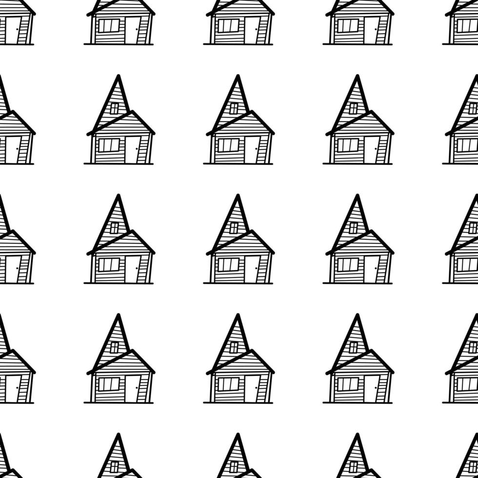 Seamless vector pattern of contour houses in doodle style on a white background.