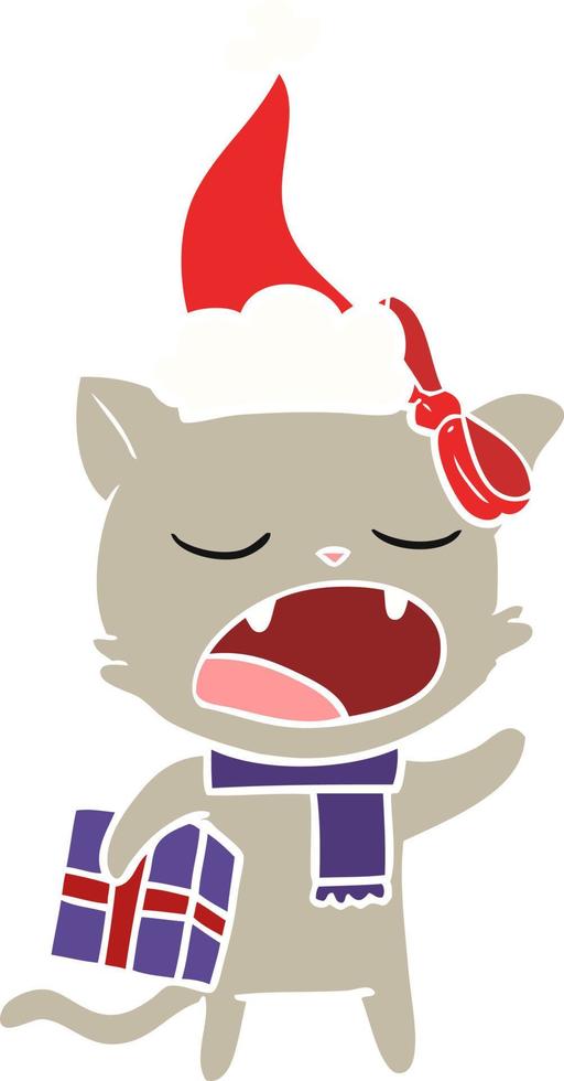 flat color illustration of a cat with christmas present wearing santa hat vector