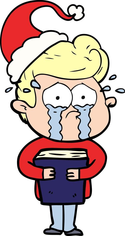 line drawing of a crying man holding book wearing santa hat vector