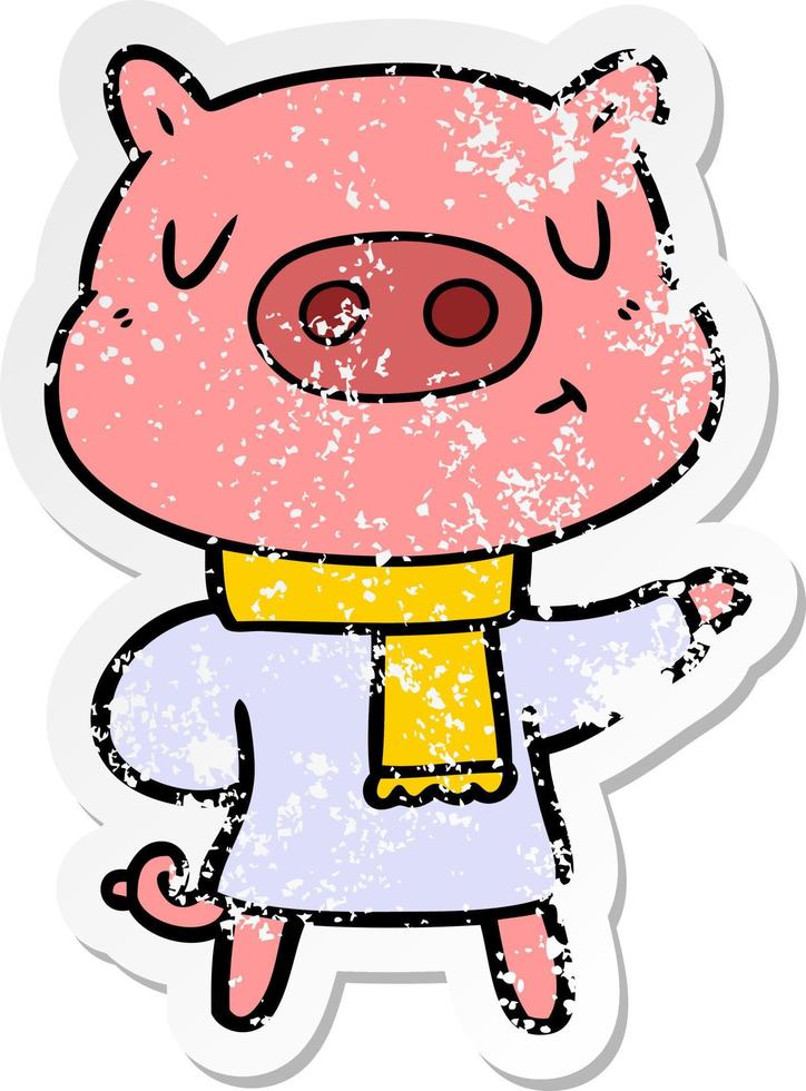 distressed sticker of a cartoon content pig in winter attire vector