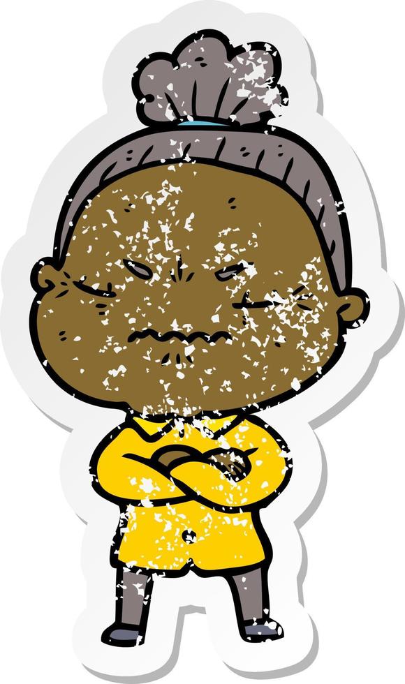 distressed sticker of a cartoon annoyed old lady vector