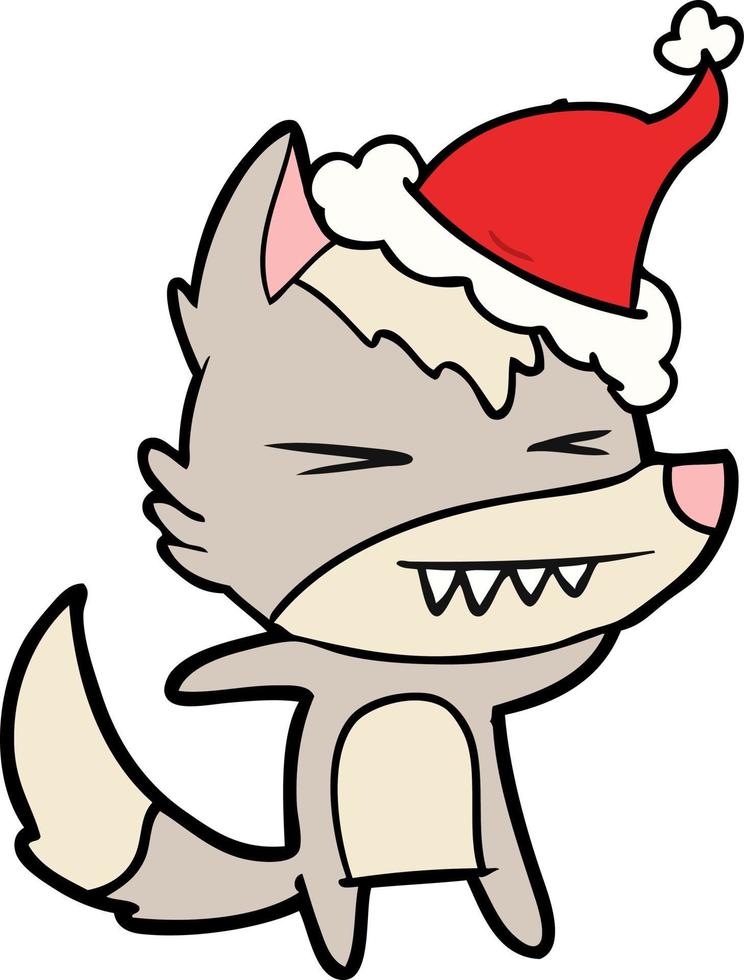 angry wolf line drawing of a wearing santa hat vector
