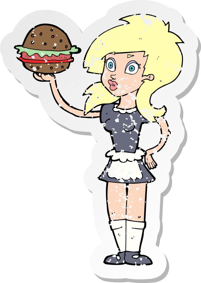 retro distressed sticker of a cartoon waitress with burger vector