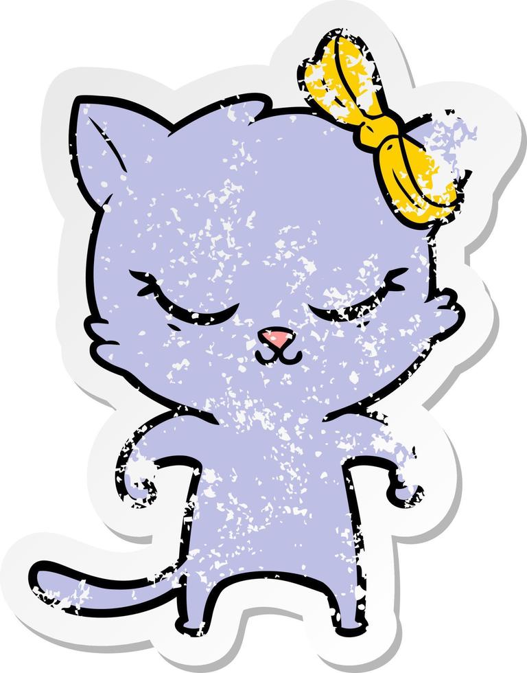 distressed sticker of a cute cartoon cat with bow vector