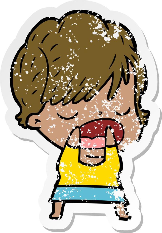 distressed sticker of a cartoon woman talking vector