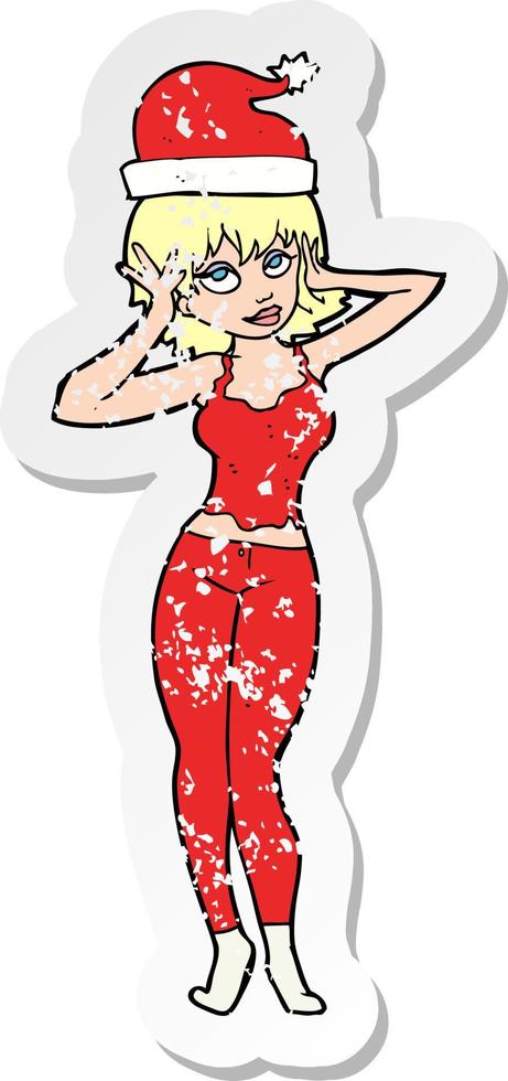 retro distressed sticker of a cartoon woman all ready for christmas vector