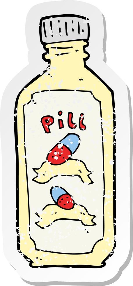 retro distressed sticker of a cartoon old bottle of pills vector