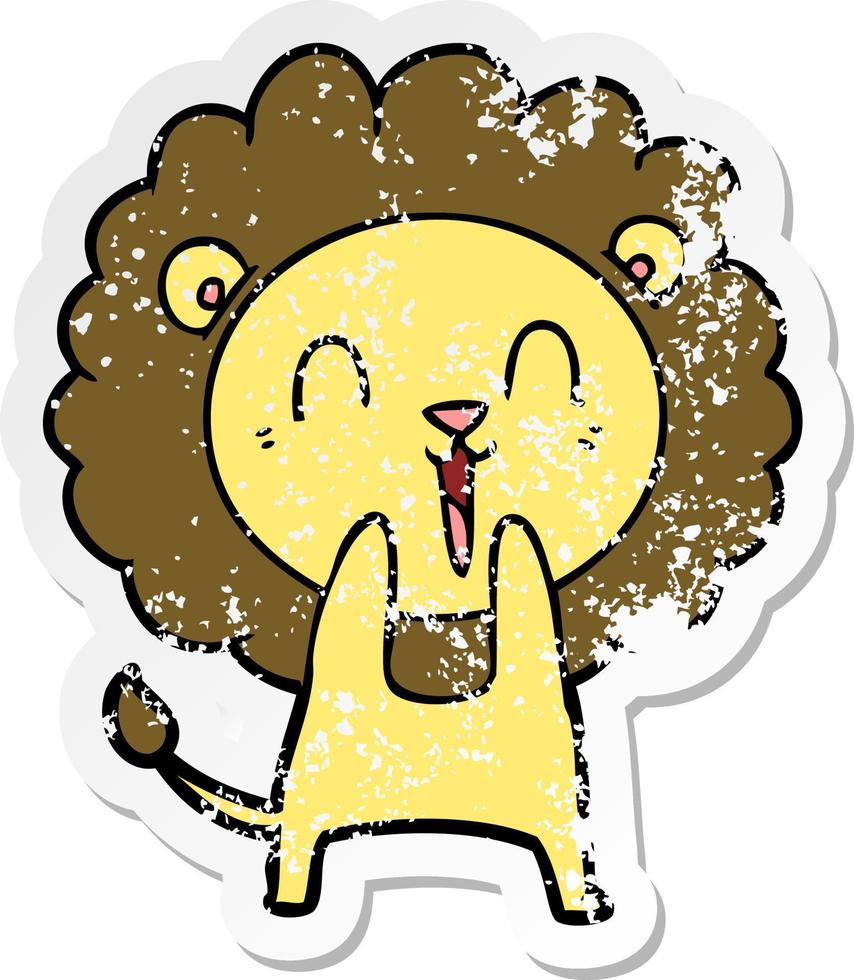 distressed sticker of a laughing lion cartoon vector