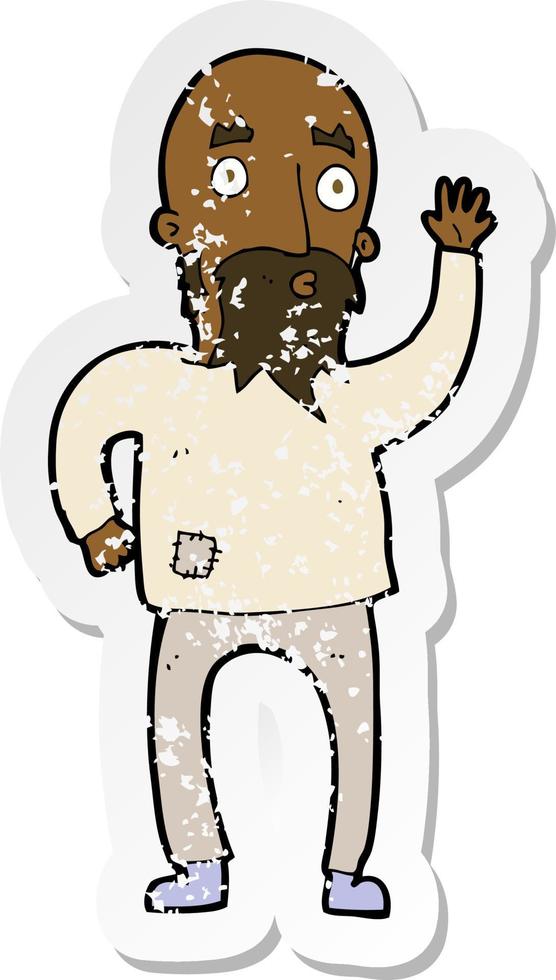 pegatina retro angustiada de un hombre barbudo de dibujos animados saludando vector