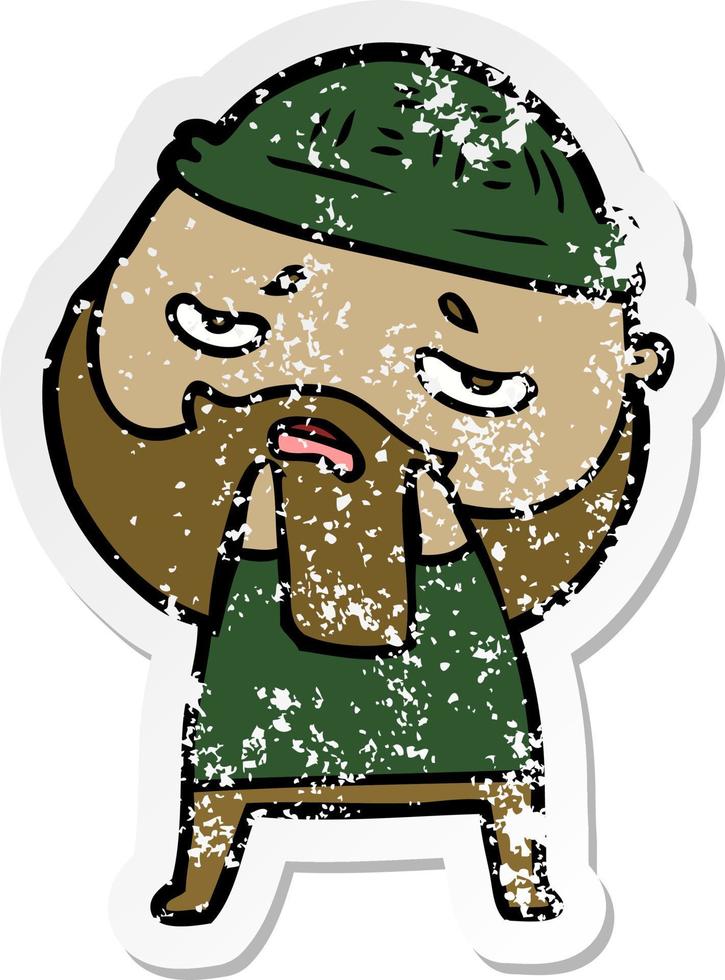 distressed sticker of a cartoon worried man with beard vector