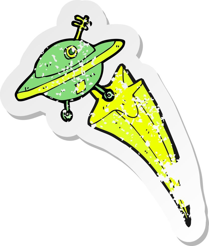 retro distressed sticker of a cartoon flying saucer vector