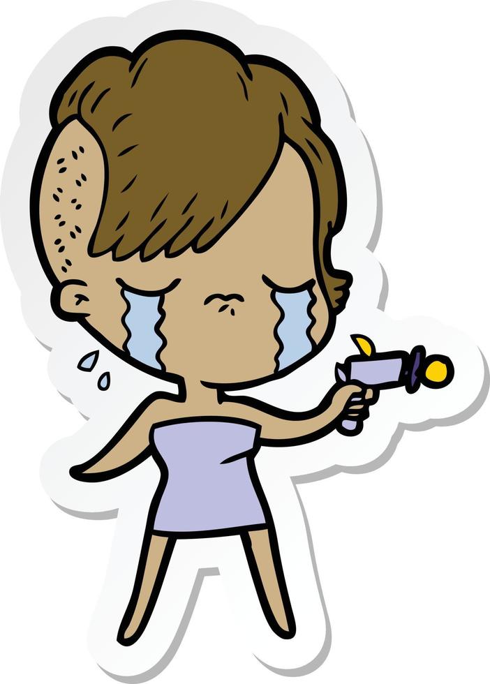 sticker of a cartoon crying girl pointing ray gun vector