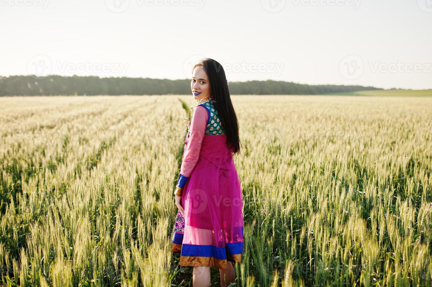 Tender indian girl in saree, with violet lips make up posed at field in sunset. Fashionable india model. photo