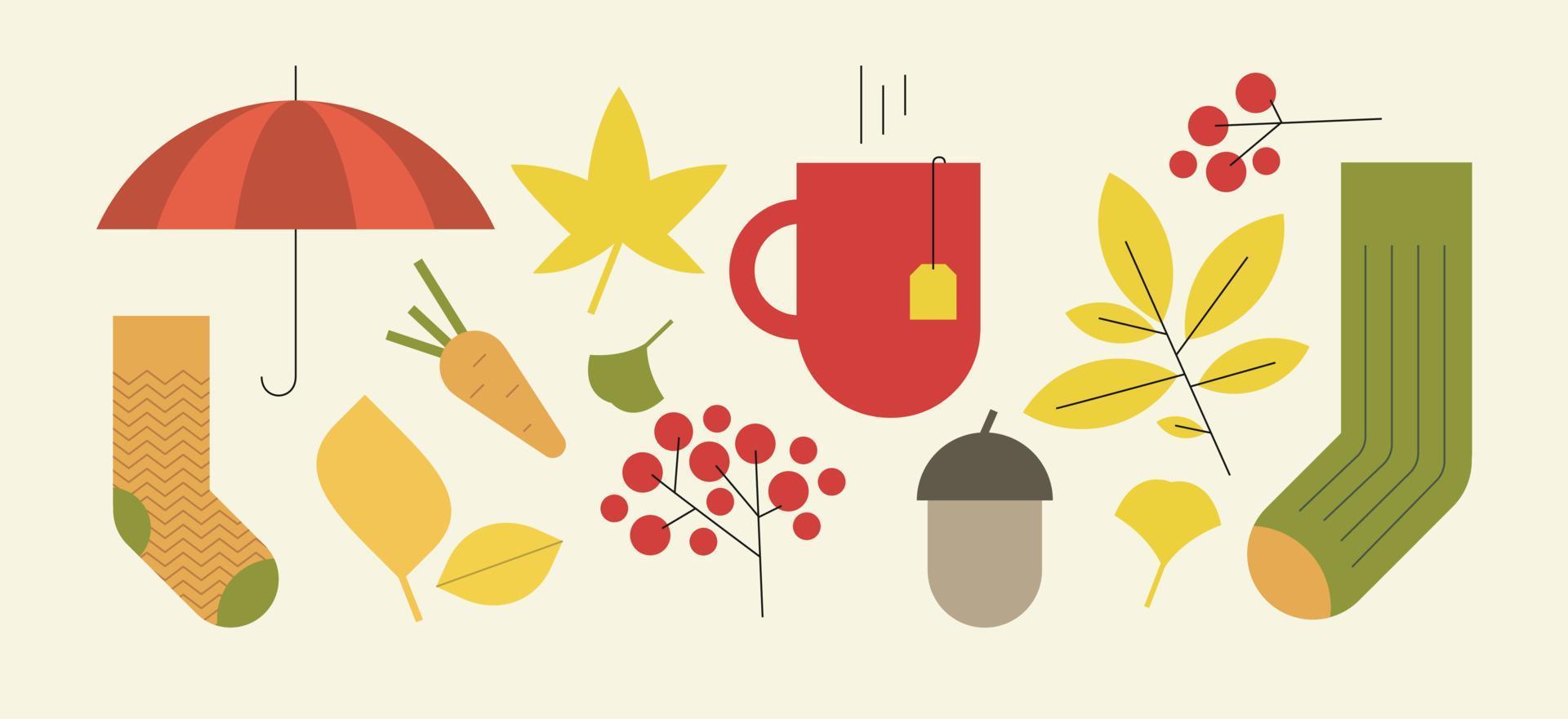 Autumn vector flat elements set. Fall season cozy icons collection. Marble color.