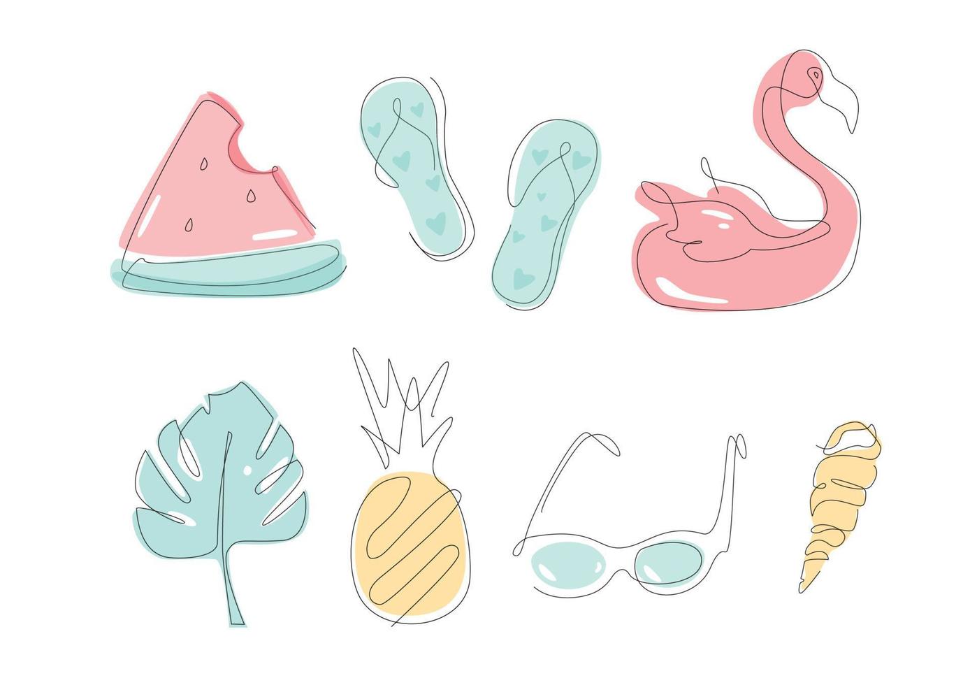 One line elements for swimming pool Summer dring, flip-flops line art. outline rubber flamingo. linear sunglasses. vector. vector