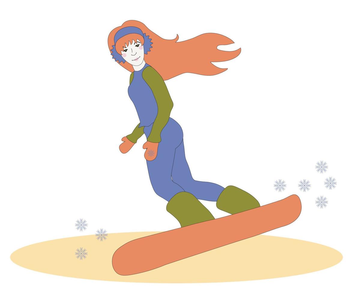 chica pelirroja con el pelo largo en una tabla de snowboard vector