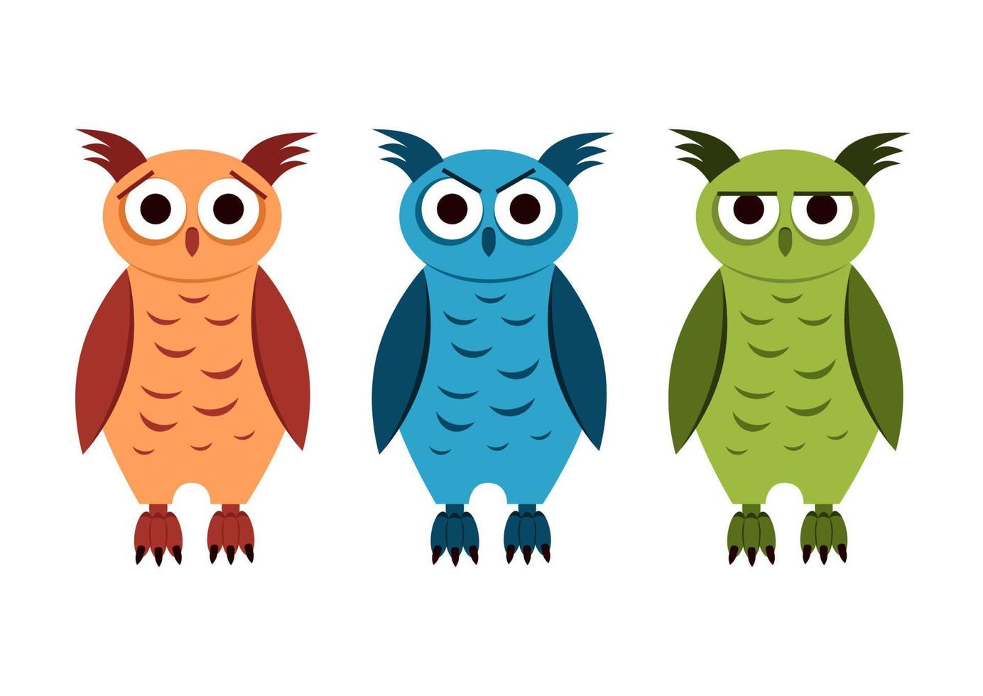 tres coloridos búhos de dibujos animados con diferentes emociones. animales salvajes vectoriales aislados en estilo plano en blanco vector