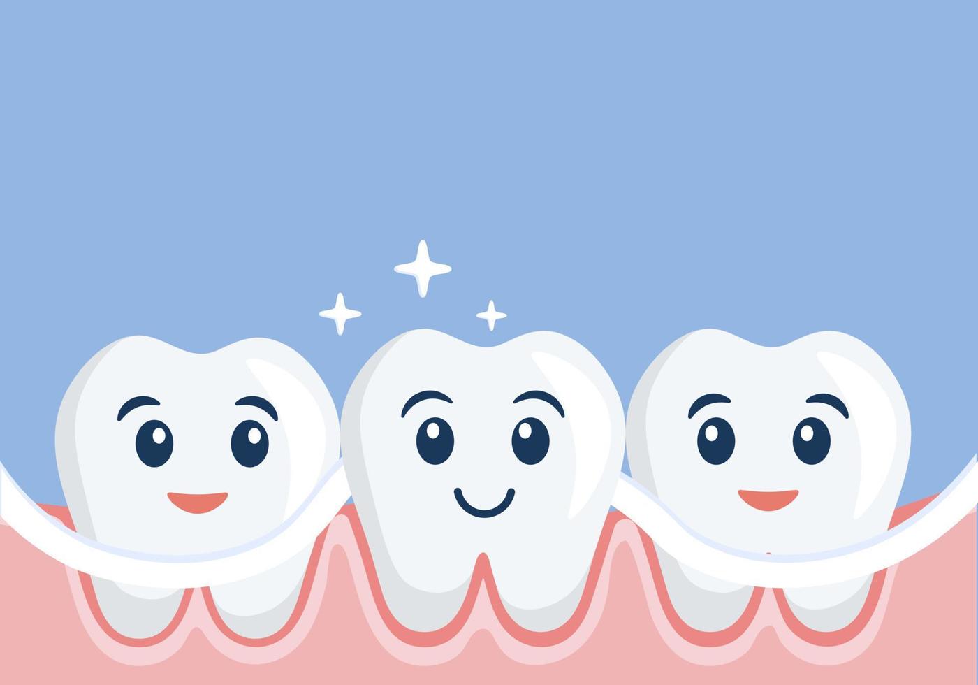 Dental hygiene. Clearning teeth with dental floss. Cute flat design. vector