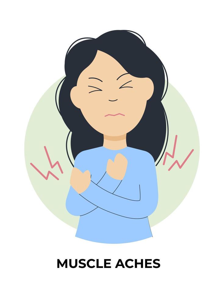 chica con dolores musculares. información sobre los síntomas de la gripe. estilo plano, ilustración vectorial. vector