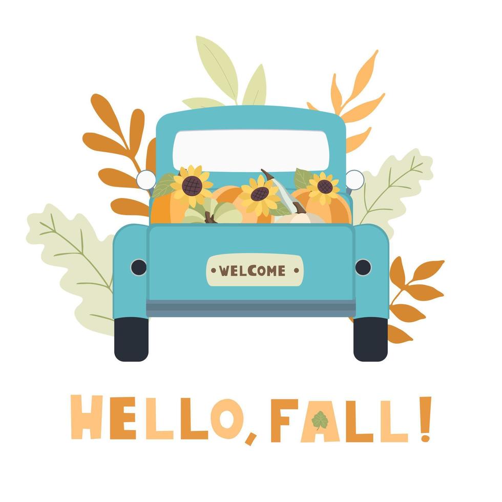 Autumn concept for Harvest festival or Thanksgiving Day. Blue car with pumkins, sunflowers and leaves. Background for posters, web, banners, flyers, postcards vector