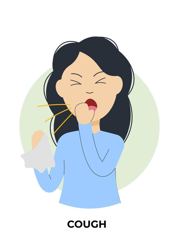 Girl with cough. Flu symptoms information. Flat style, vector illustration.
