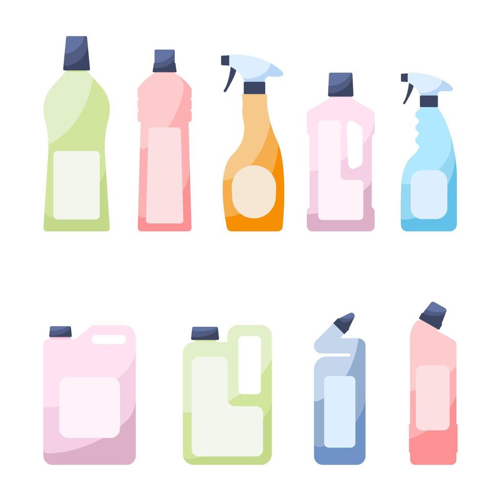 juego de botellas de limpieza líquida. contenedores de baño. vector