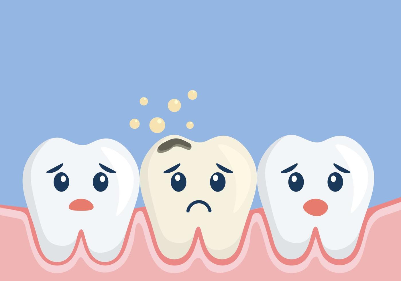 concepto de cavidad dental. dientes sanos sonrientes con diente de caries triste. problema dental dolor de muelas. vector