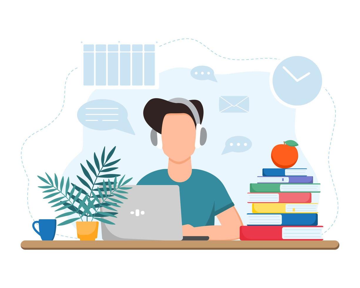 Working or studing at home. Boy sitting at table. Online education concept. Freelance. Stay home. vector