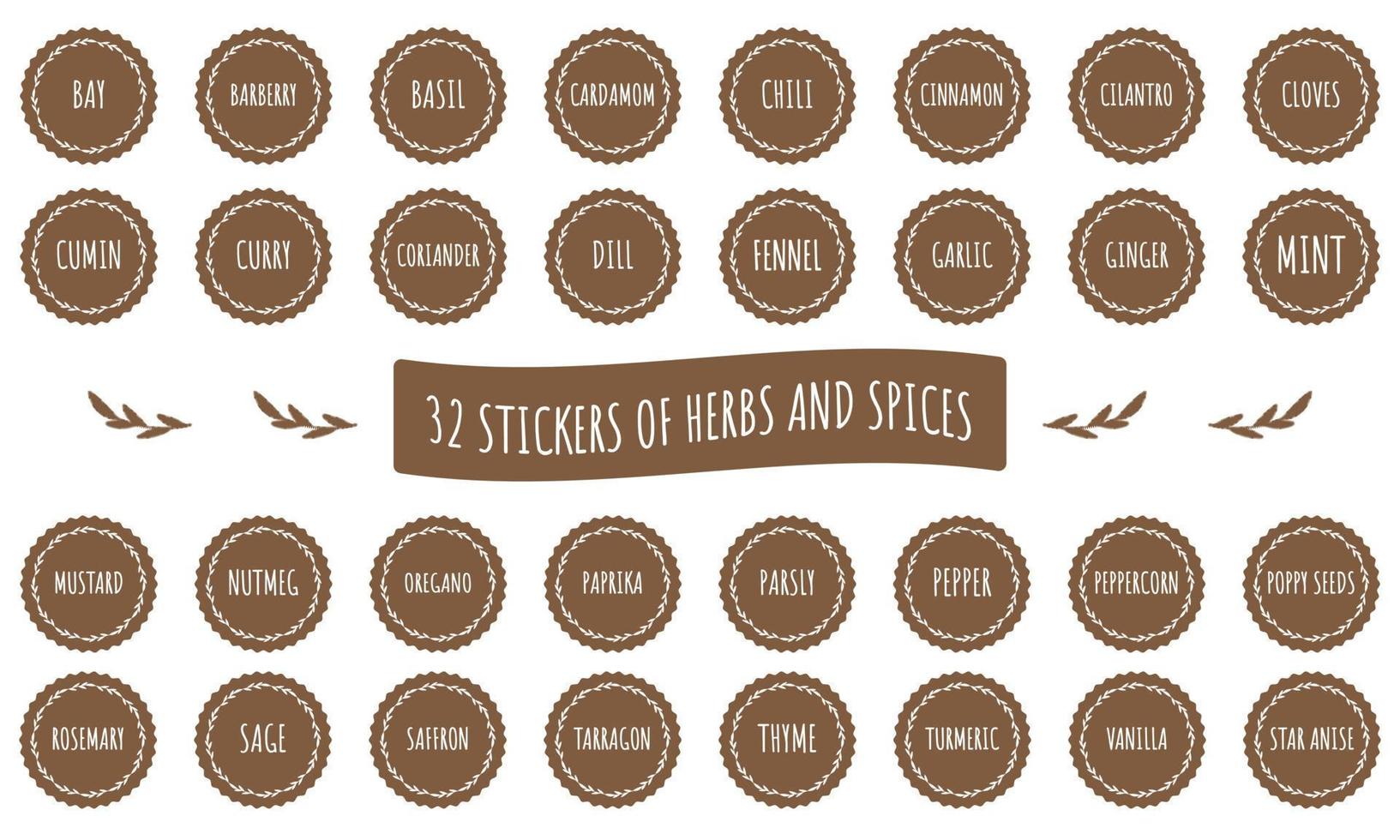 Set of herbs and spices stickers on brown background. Labels for packaging, food containers, SPA, cosmetics, healthcare, etc. vector