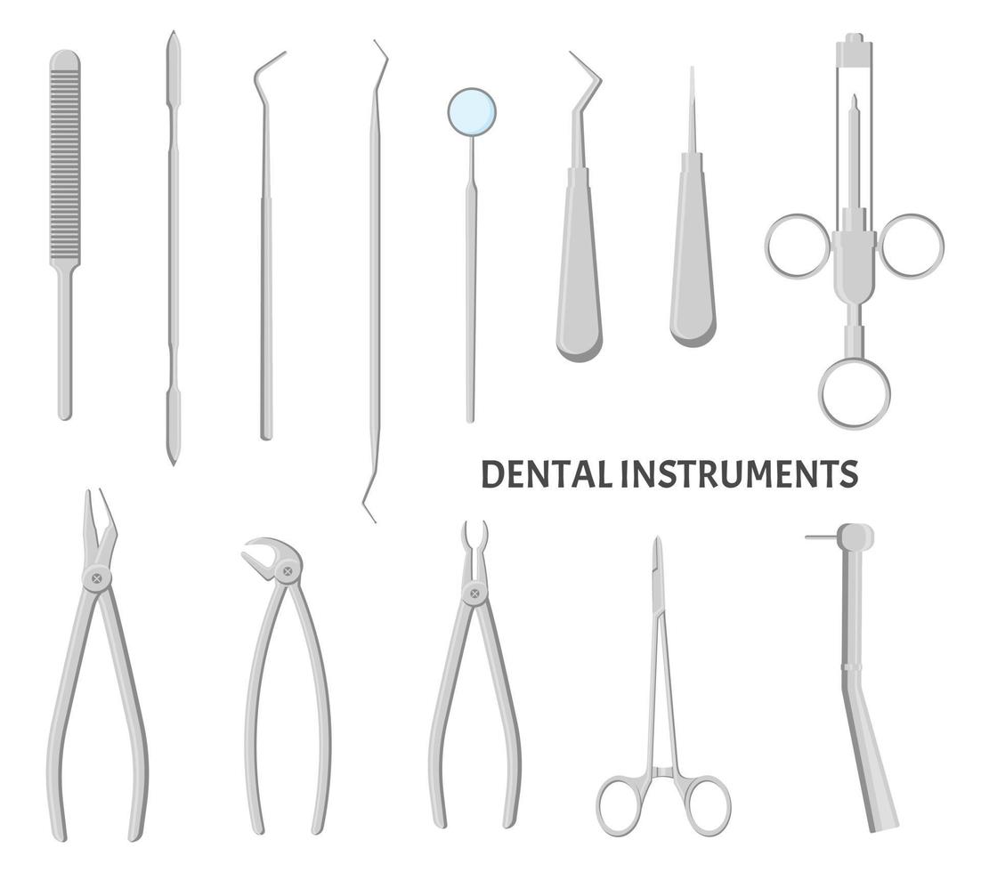 conjunto de instrumentos dentales. equipo médico para el cuidado de los dientes. vector