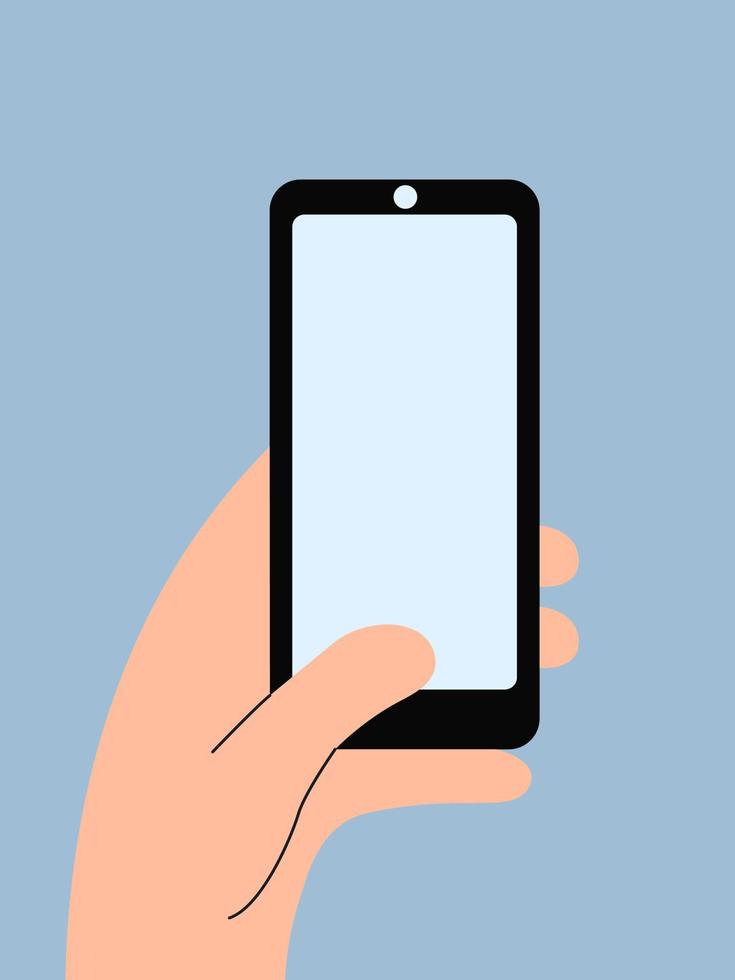 Hand with smartphone on blue background concept. vector