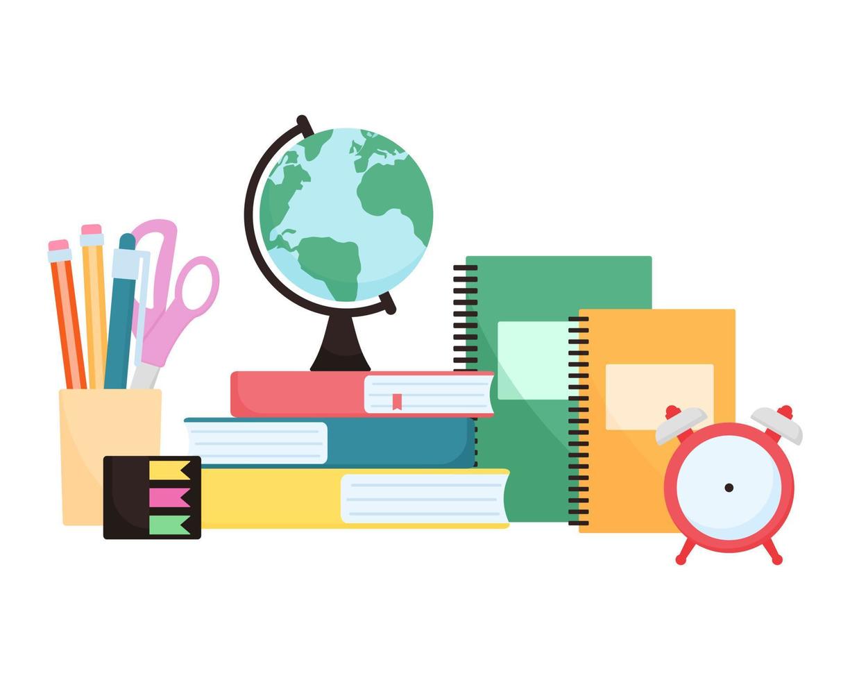 Learning and reading concept. Stationery accessories with books and globe vector