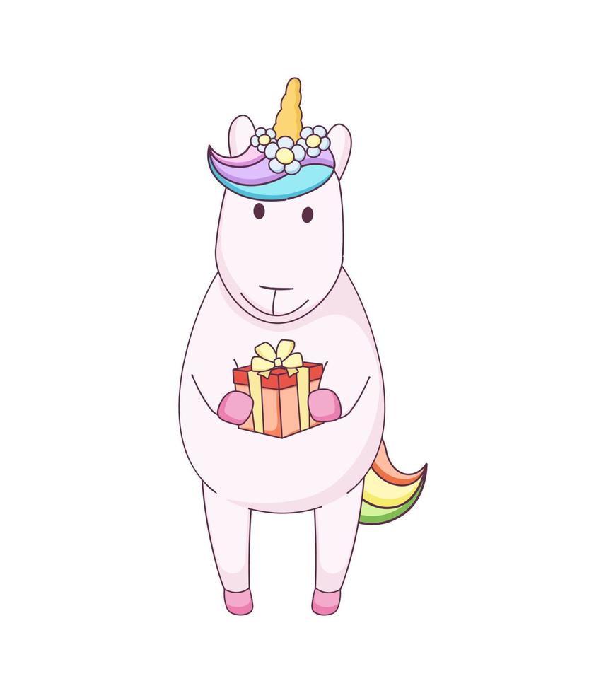 Cute cartoon unicorn with gift box vector