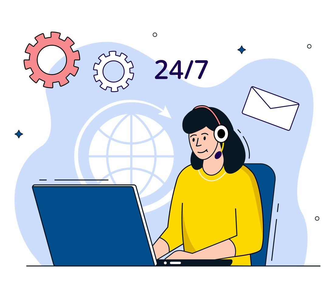 Call center operator. Female. Hotline support service 24h. Call center online assistant in headphones. Vector illustration.