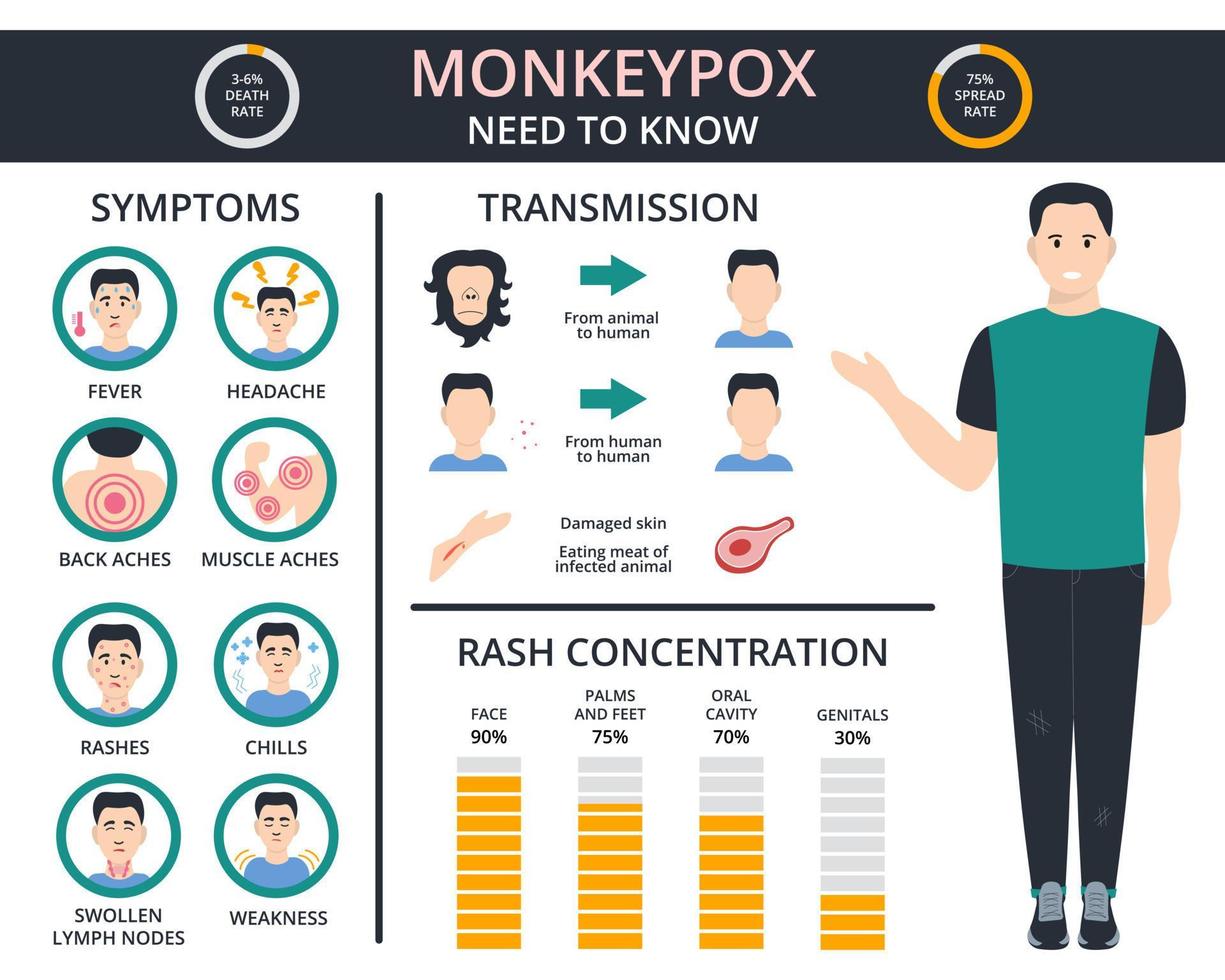 Monkeypox virus information concept. Pox virus, fever, headache, swollen lymph nodes, back ache, rashes. vector