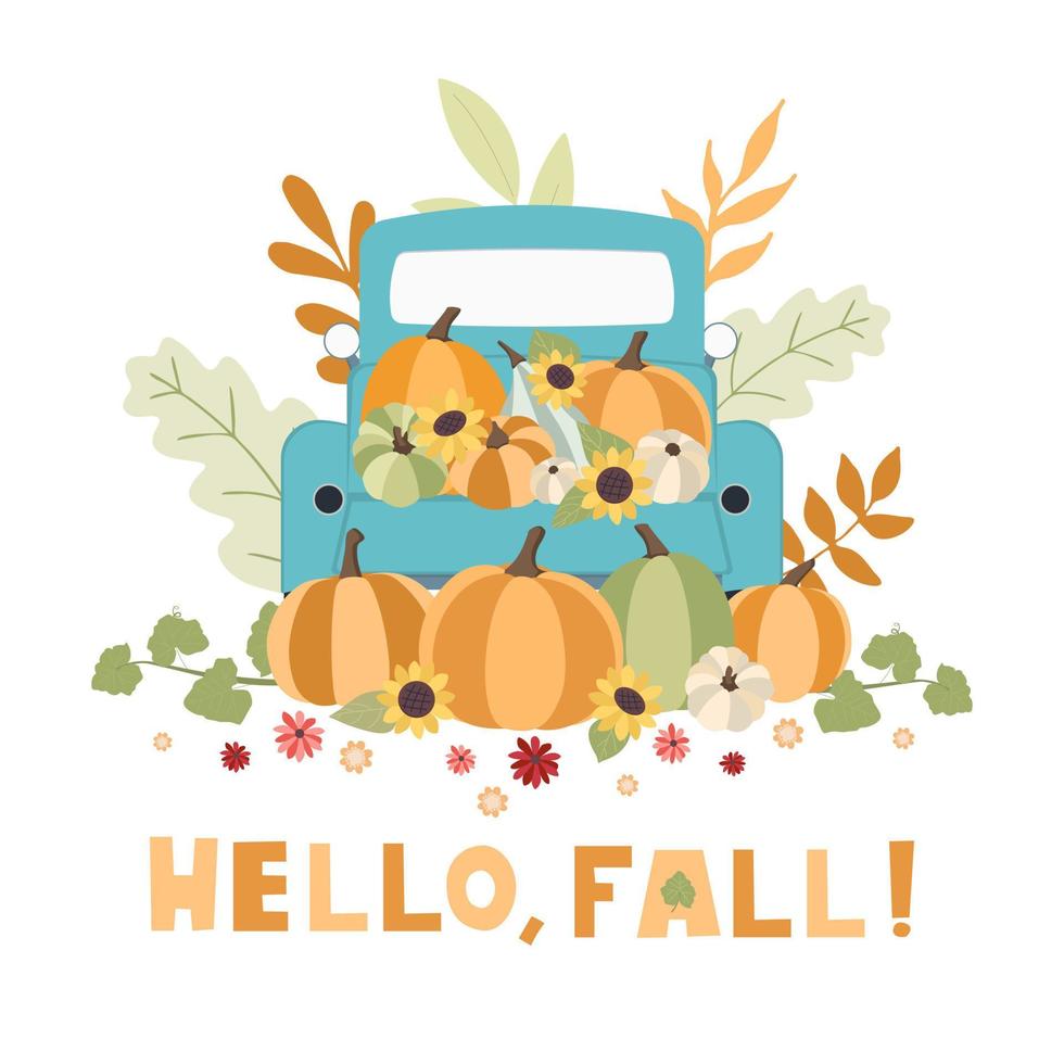 Autumn concept for Harvest festival or Thanksgiving Day. Blue car with pumkins, sunflowers and leaves. Background for posters, web, banners, flyers, postcards vector