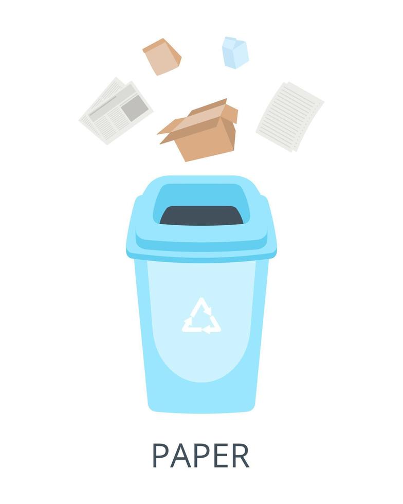 concepto de clasificación de residuos de papel. contenedor de basura con papel. vector