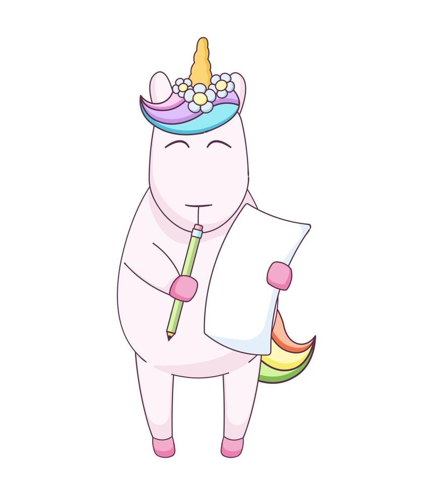 lindo unicornio de dibujos animados con papel y bolígrafo vector