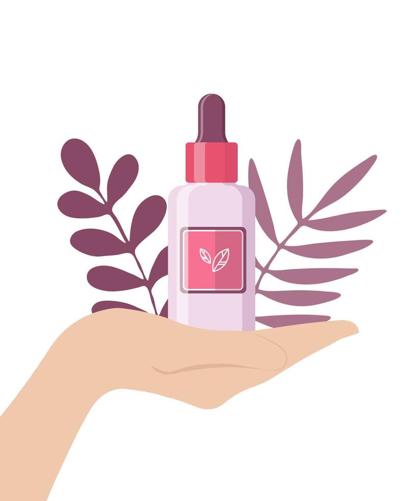 Serum bottle in hand with leaves. Flat design. vector