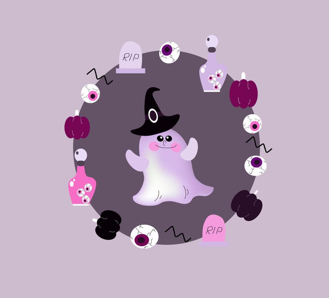 Set of kawaii cute funny happy ghosts, vector