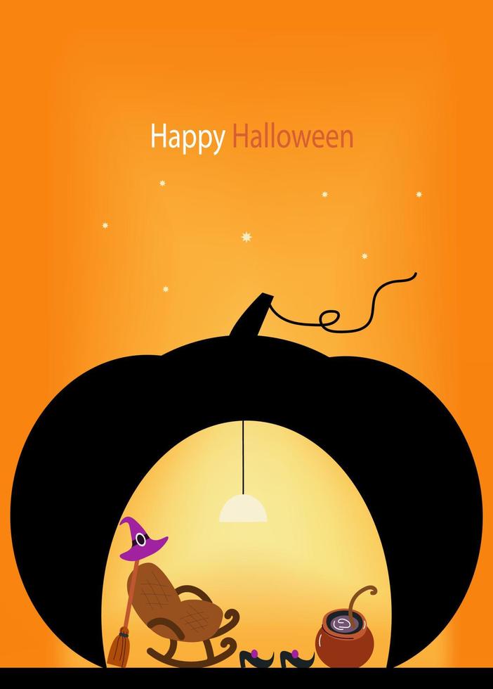 Vector Happy Halloween poster, Witch, hat, shoes, pot, pumpkin.  Doodle cartoon collection with holiday decorations.