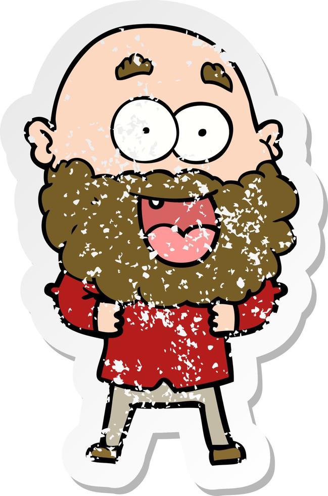 distressed sticker of a cartoon crazy happy man with beard vector