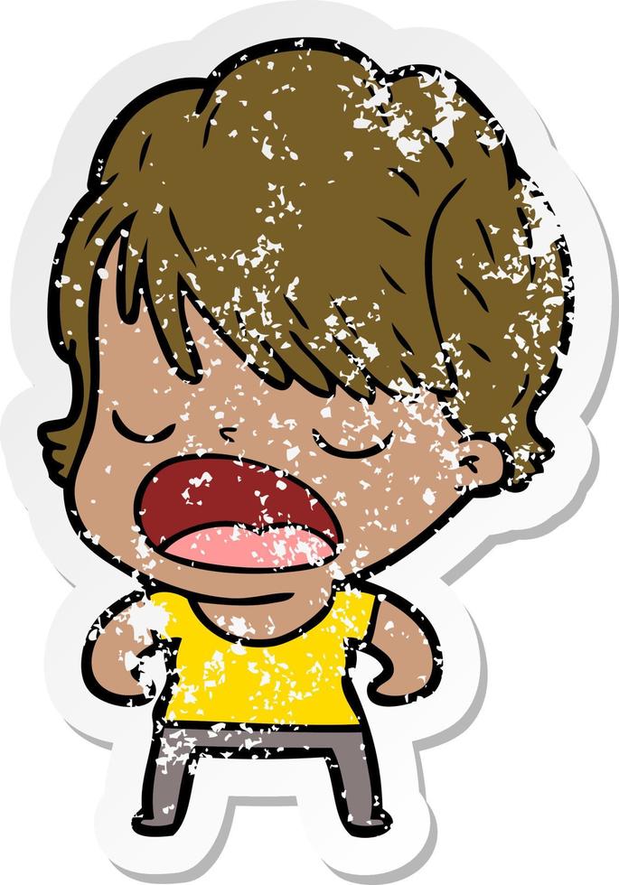 distressed sticker of a cartoon woman talking vector