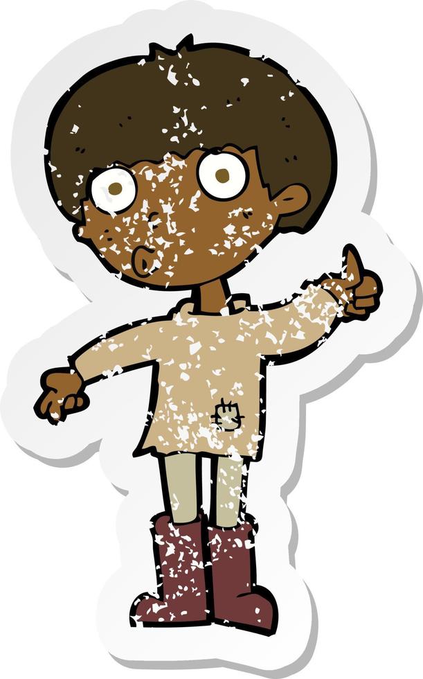 retro distressed sticker of a cartoon boy asking question vector