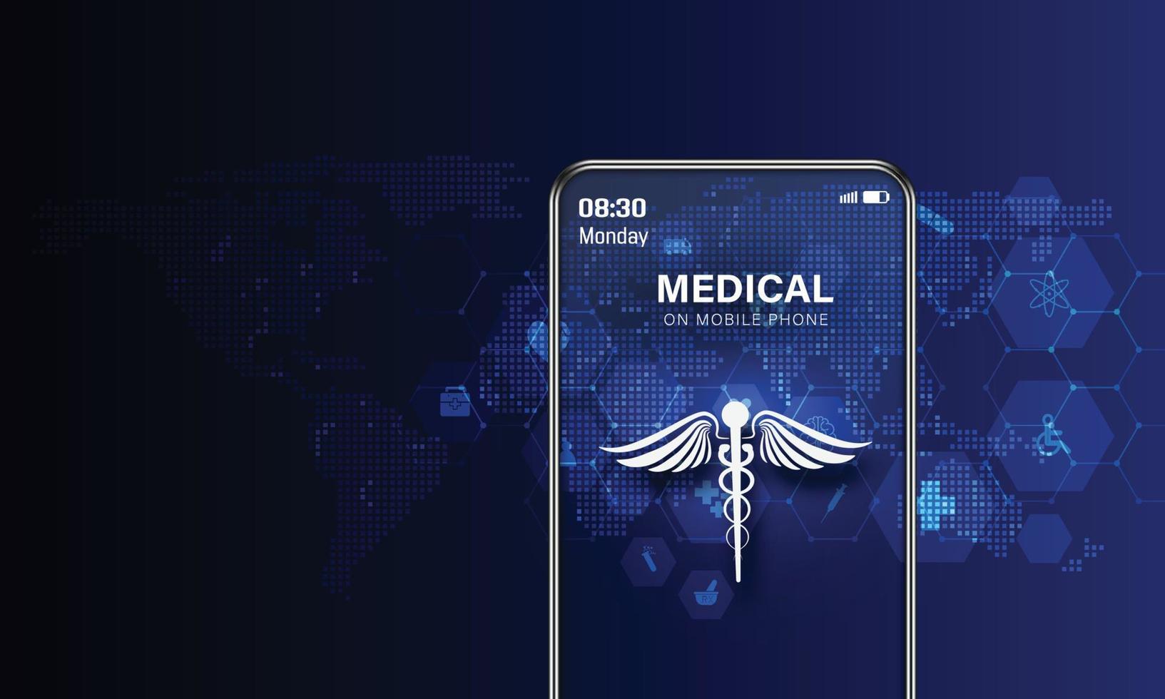 Doctor online. Medical technology. Telemedicine. Medicine consultation with physician in internet clinic. Online medical clinic communication with patient through mobile phone. Health care future. vector