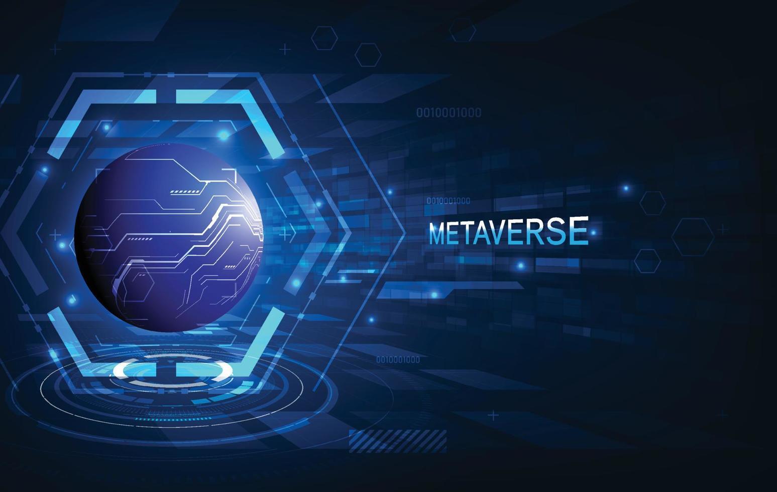 Metaverse, virtual reality, augmented reality and blockchain technology, user interface 3D experience. Word metaverse with world map globe in futuristic environment background. vector