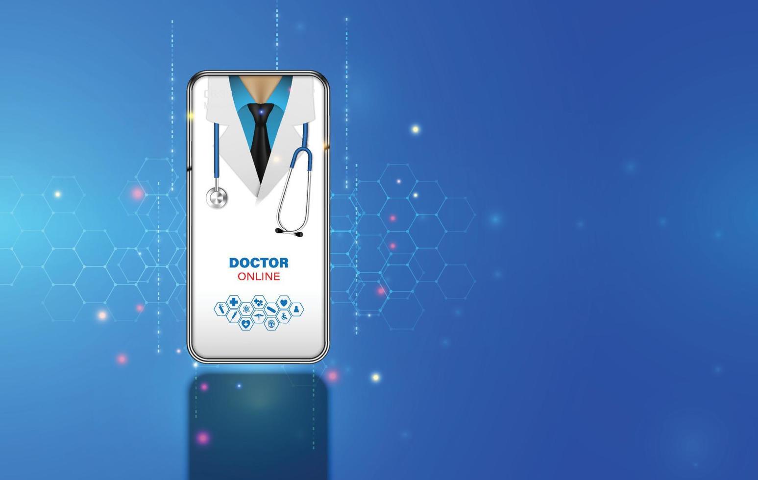 médico de consulta en línea en la aplicación móvil con un médico de pie. clínica médica en línea, telemedicina, vector
