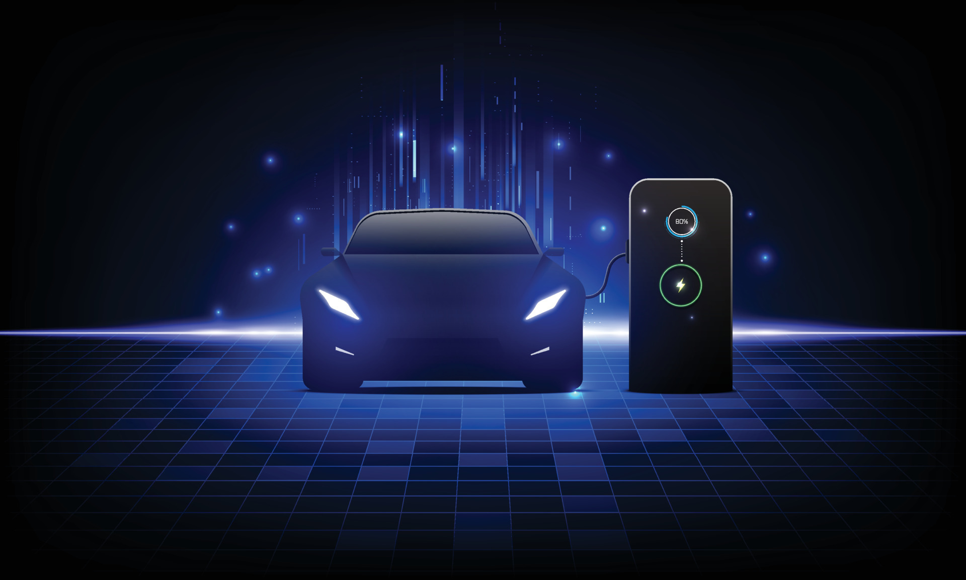 Electric car at charging station. Front view electric car silhouette