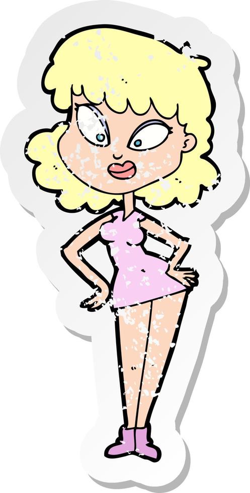 retro distressed sticker of a cartoon woman with hands on hips vector